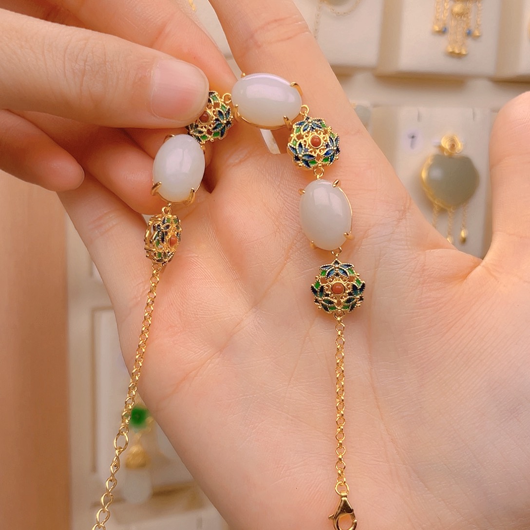 和田玉手链银S925镀金镶嵌