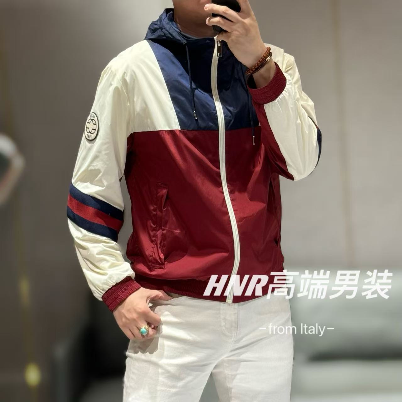 进口三防面料全手工立体拼接织带点缀拉链连帽春款夹克8265