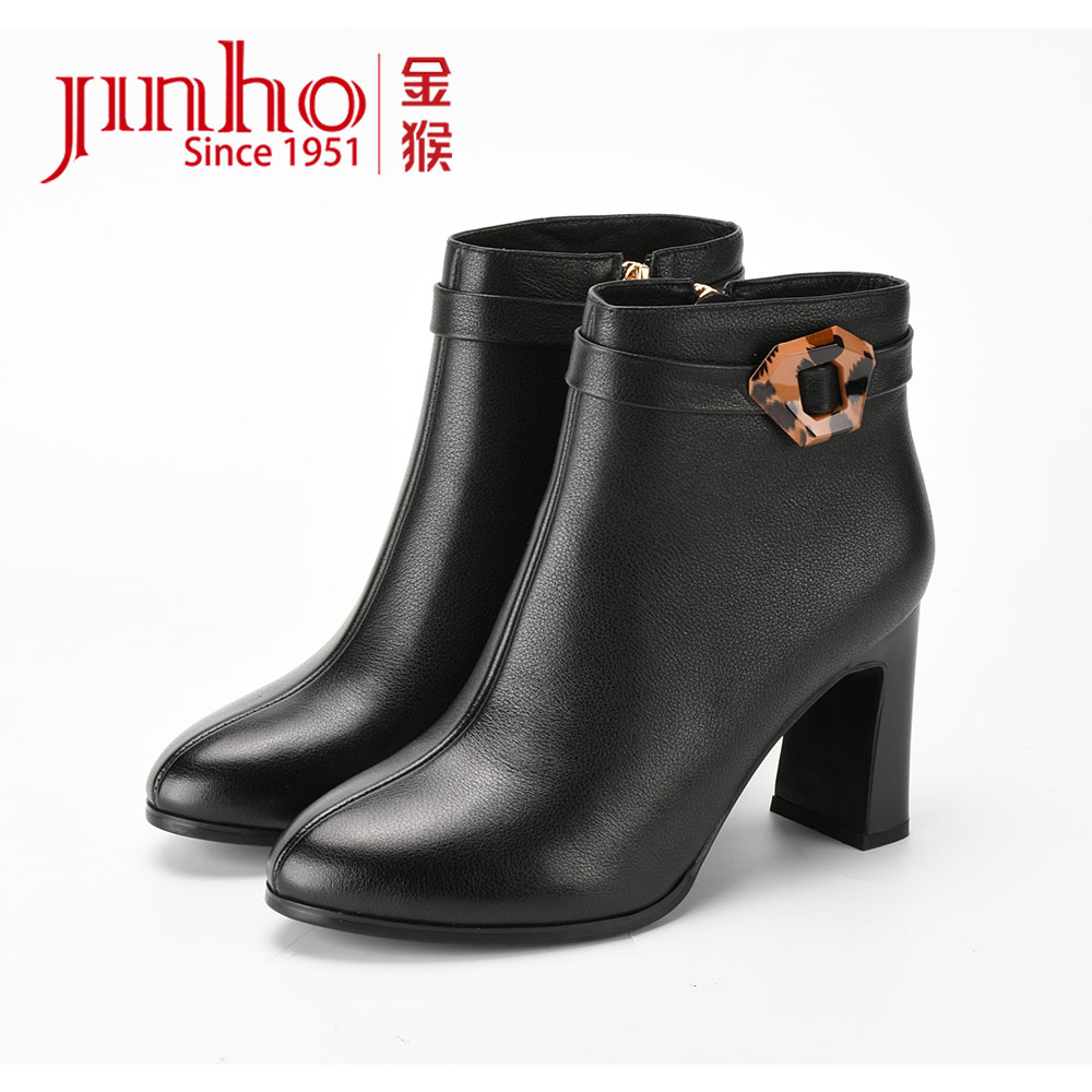 Jinho/金猴【微瑕，介意勿拍】舒适加绒真皮粗跟女短靴460269A