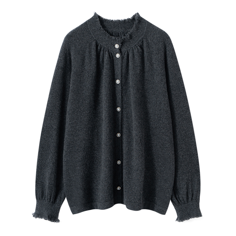 100纯山羊绒女毛边领宽松针织开衫秋冬打底毛衣L390RYD362