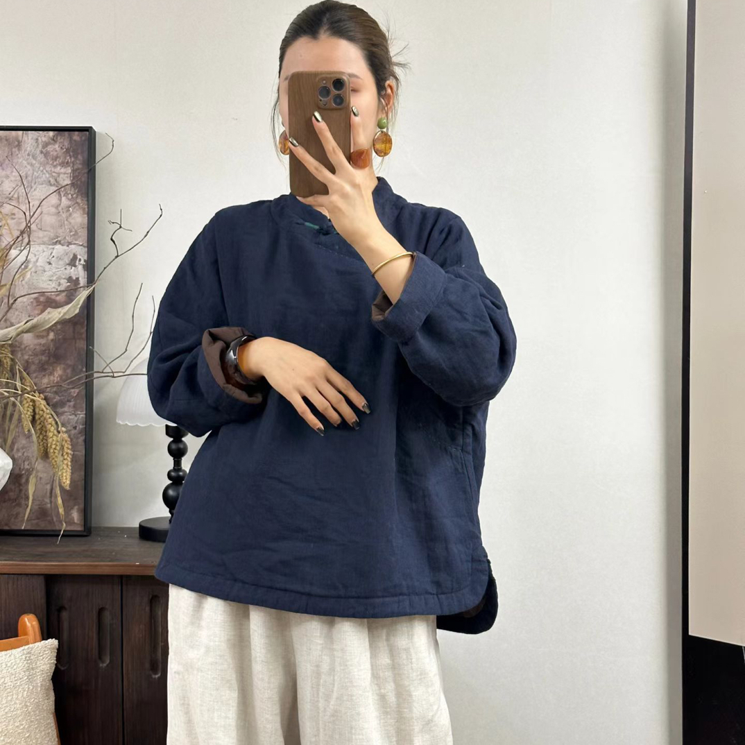 秋冬纯色亚麻中式盘扣斜襟套头薄棉衣茶服（衣长65胸围130）