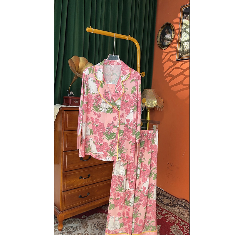 【浪漫花海】睡衣女春秋长袖新款高级薄款宽松提花冰丝家居服套装