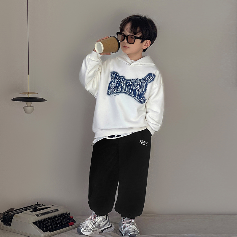 LUSON男童一体绒裤子儿童加厚运动裤黑色百搭休闲卫裤MFD3616