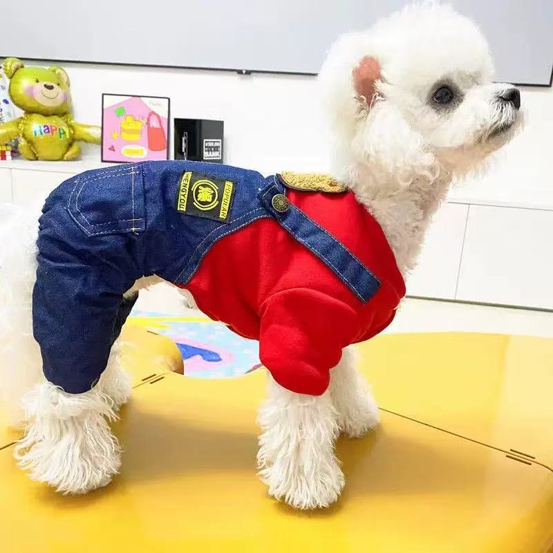 秋冬新款狗狗猫咪加绒加厚棉衣泰迪雪纳瑞小型犬牛仔背带四脚棉衣