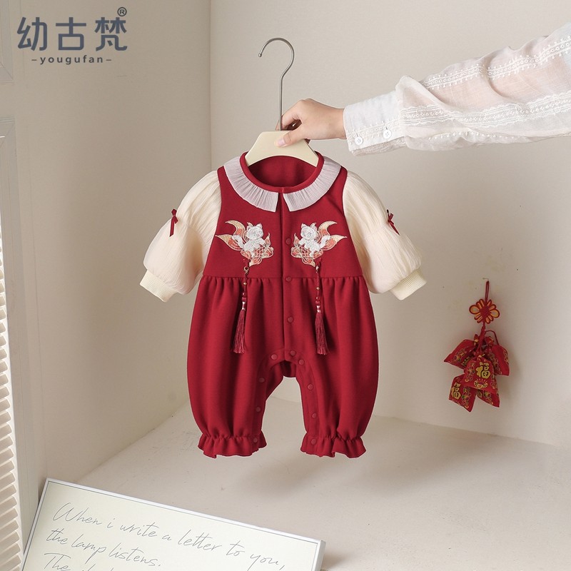 国风婴儿衣服春秋装连体衣女宝宝公主薄款外出服哈衣周岁礼拜年服