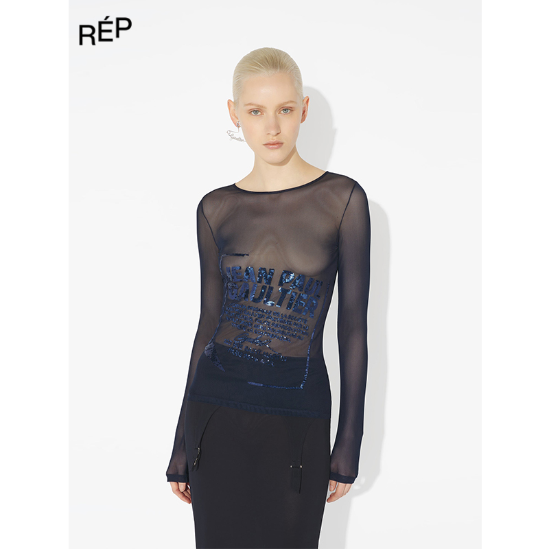 Jean Paul Gaultier设计师品牌藏青圆领网眼长袖上衣 25FW