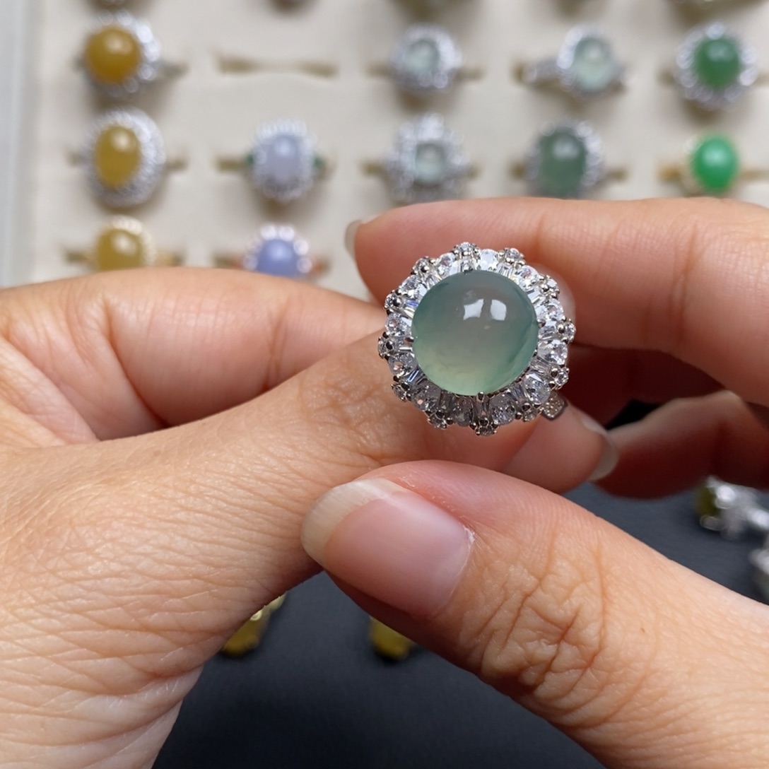 翡翠戒指银S925镶嵌有纹