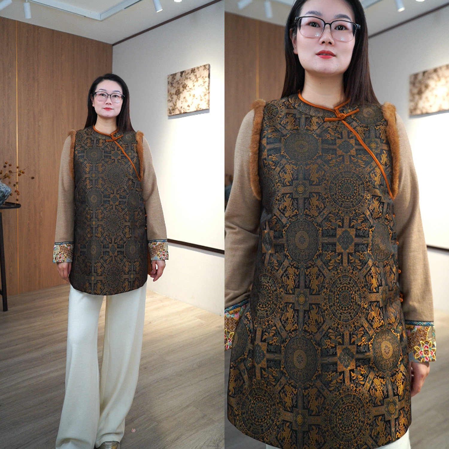 时尚百搭新中式八达运斜襟拼水貂棉马甲15145A