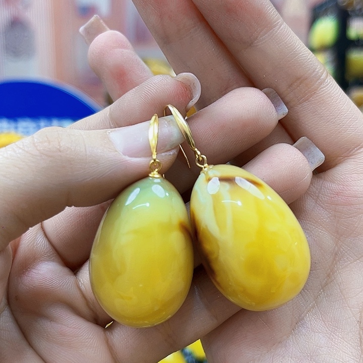 蜜蜡银S925镶嵌裸石耳环