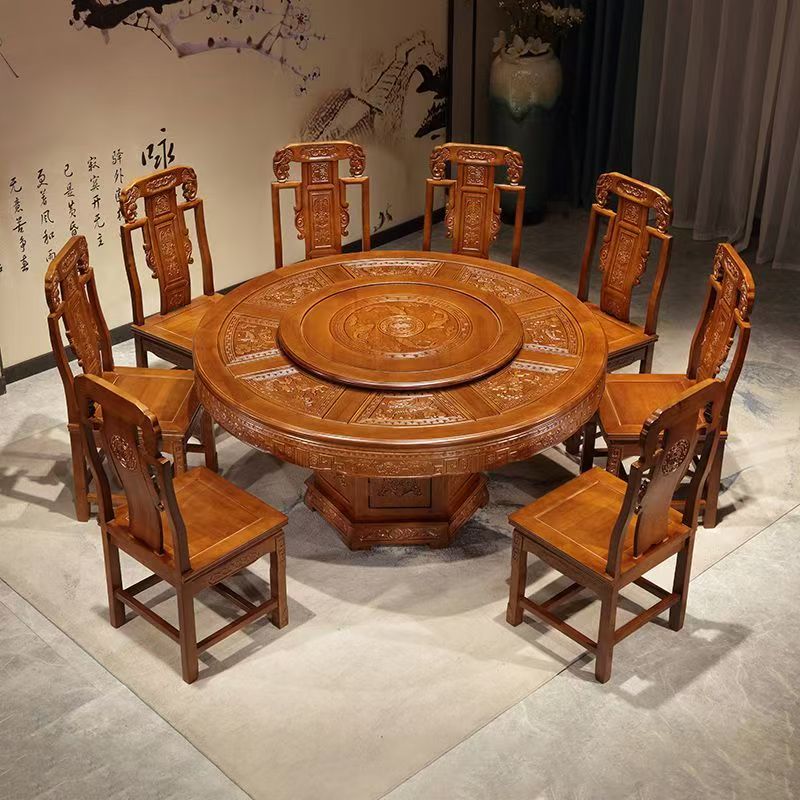 全实木餐桌椅组合明清仿古雕花中式家用圆形饭桌带转盘酒店大圆桌