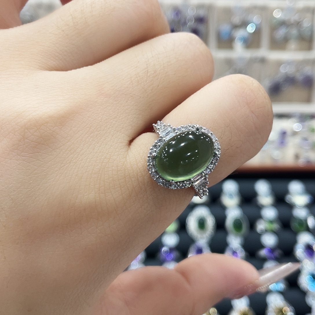 @***姐蛇纹石玉银S925镶嵌戒指