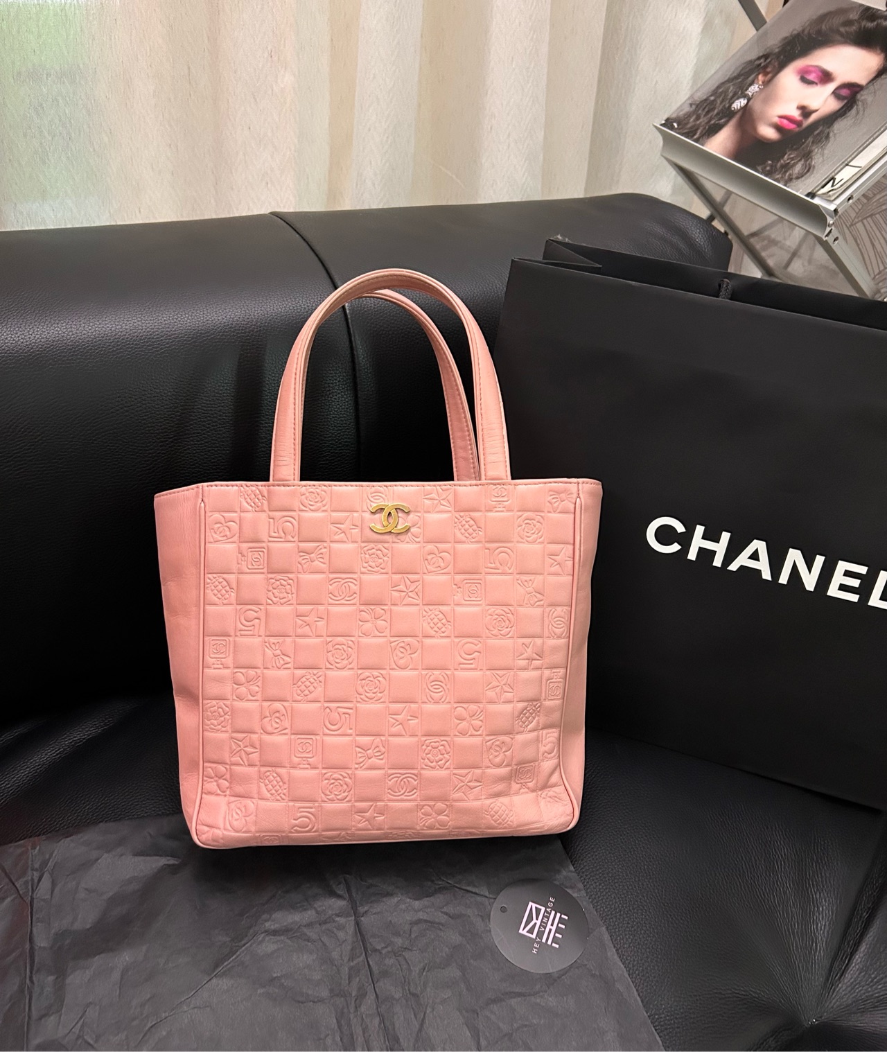 95新 Chanel/香奈儿 粉色山茶花冰格托特包 24cm 11919415