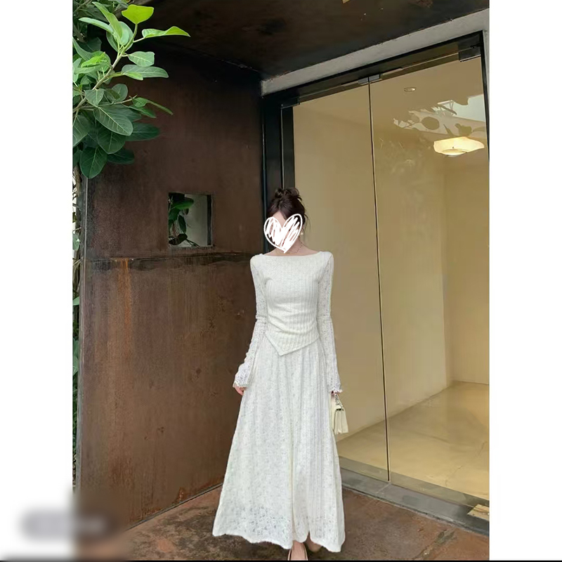 名媛老钱风设计蕾丝修身型时尚长袖套装上衣+半身裙两件套女00725