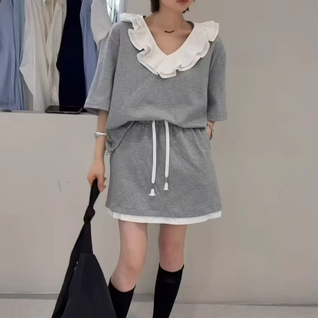 601/28551/139-9 韩版时尚百搭荷叶边短袖T恤+半身裙两件套