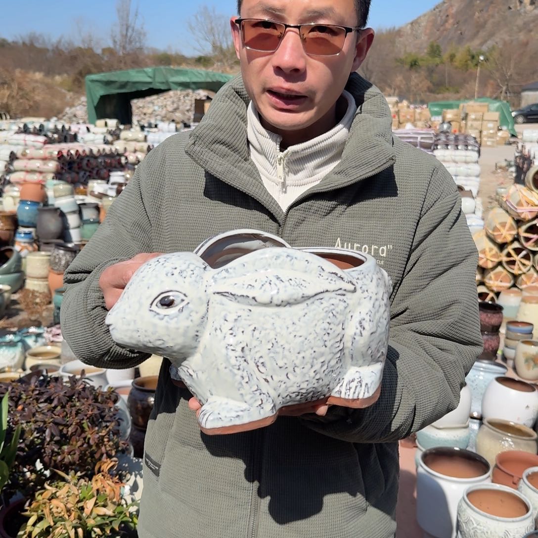 紫砂花盆兔子白色一个一个