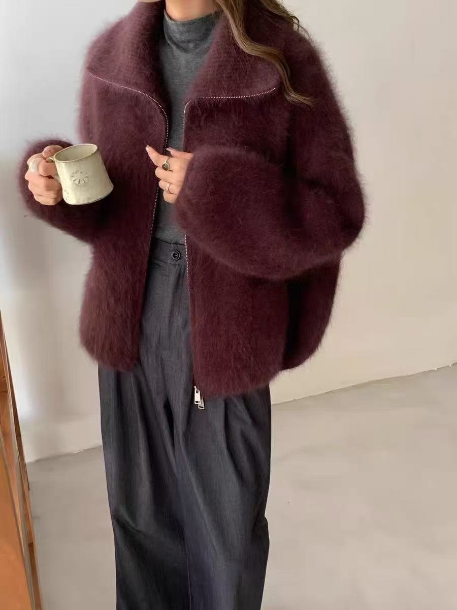 [休闲】秋冬高领女装加厚毛衣外套 动物真毛翻领拉链衫针织开衫