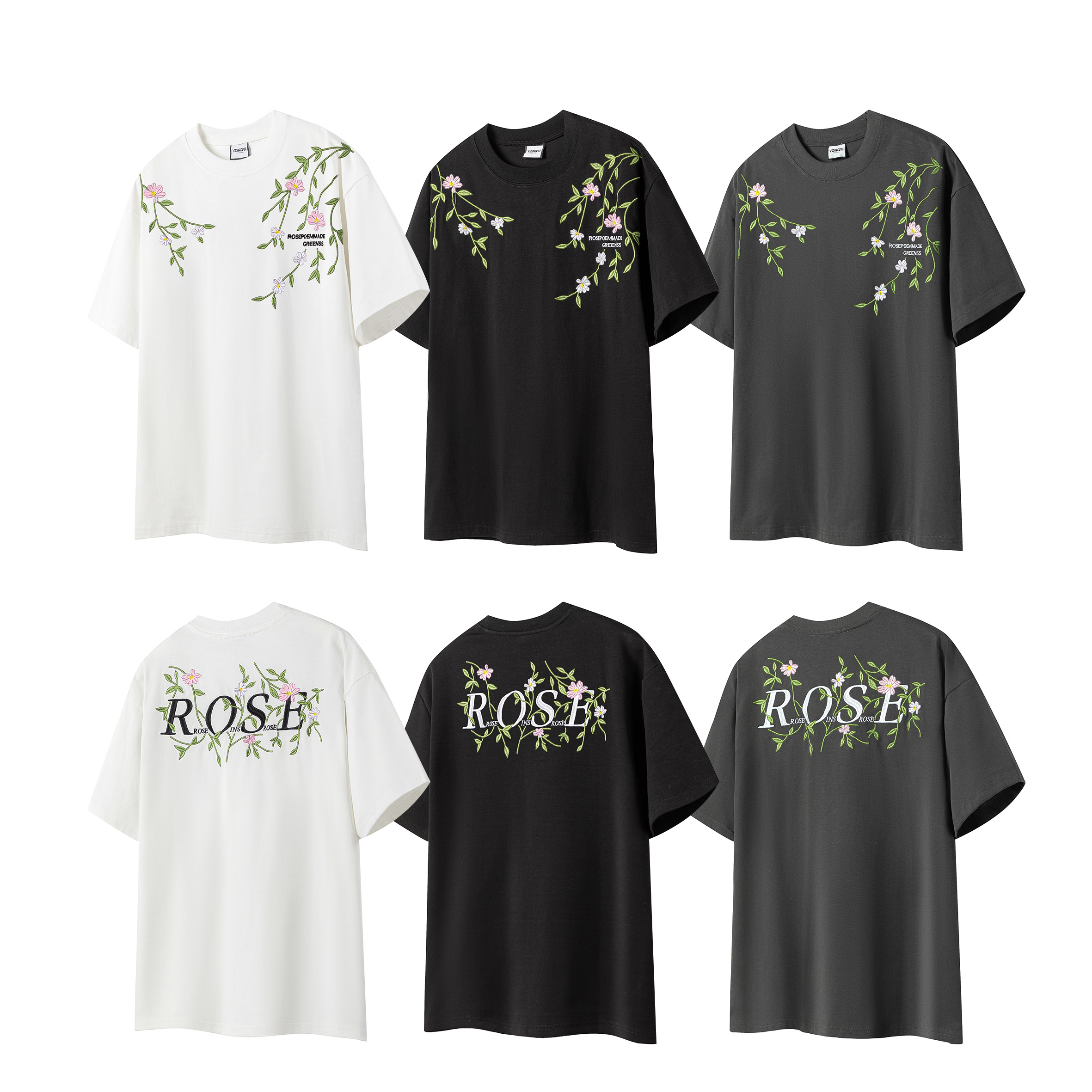 夏季国潮设计感花卉刺绣双纱重磅纯棉落肩T恤宽松男女款情侣短袖