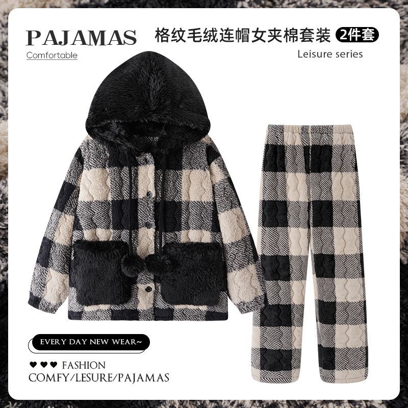 长毛绒睡衣女士三层夹棉冬季格子加绒加厚家居服套装可外穿