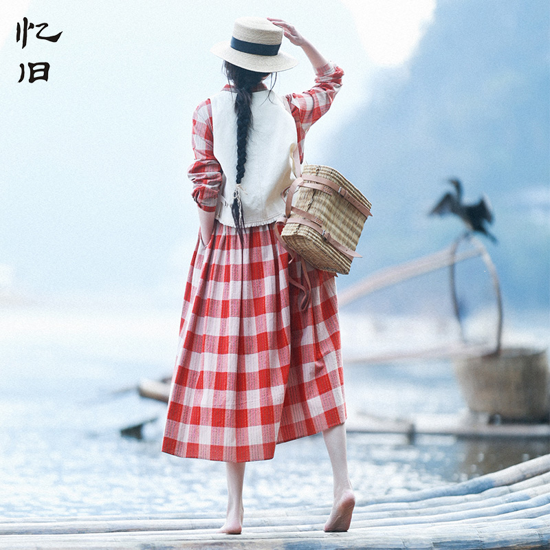 【烟火年年】文艺知性长裙衬衫领格子连衣裙女2025春季收腰大摆裙