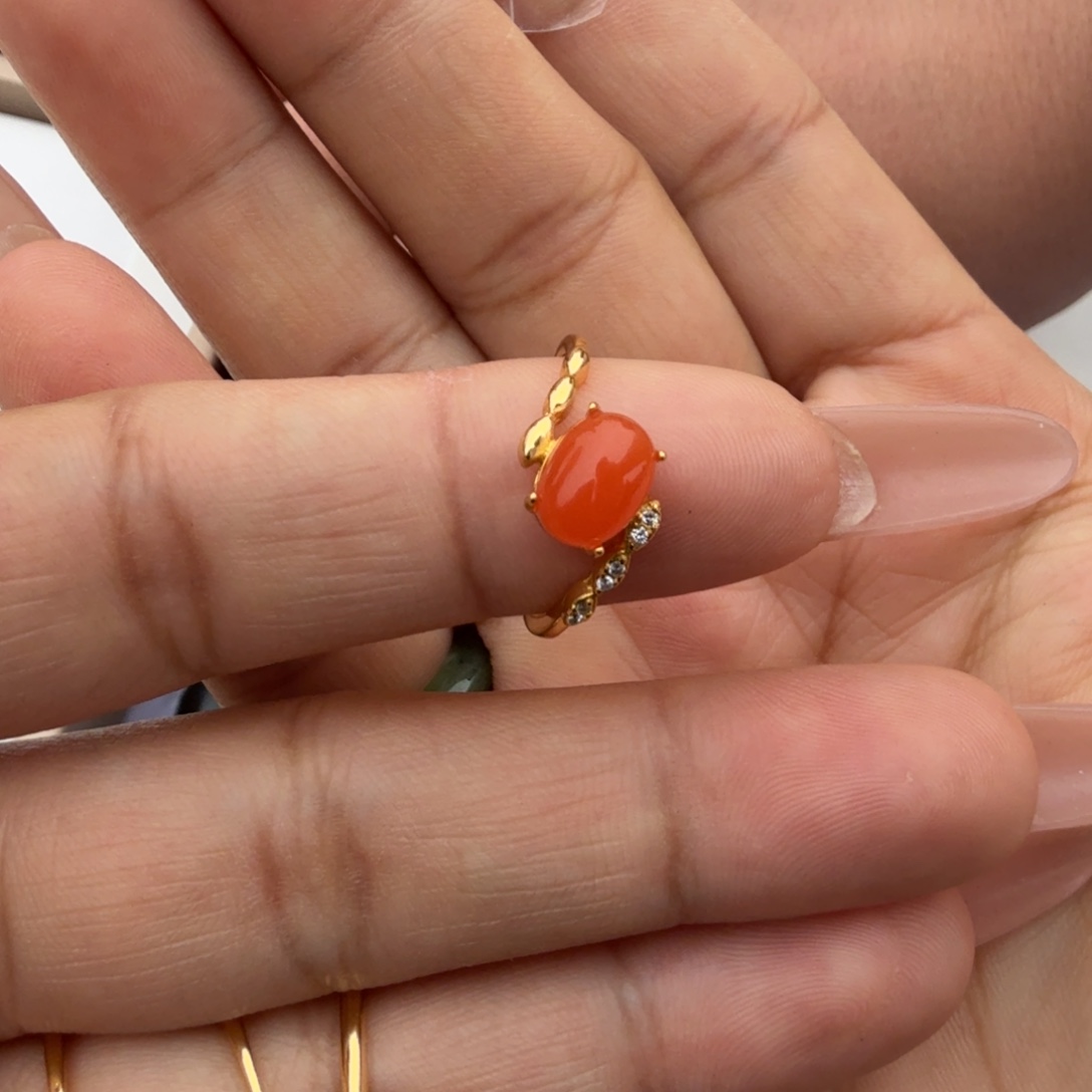 南红玛瑙银S925镀金镶嵌戒指