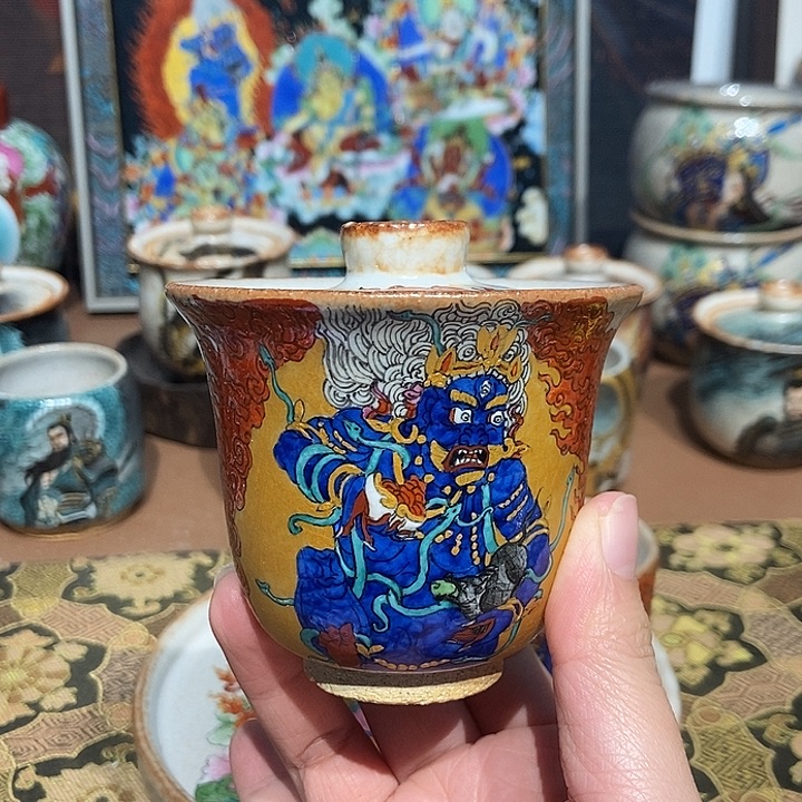 手工手绘黑财盖碗