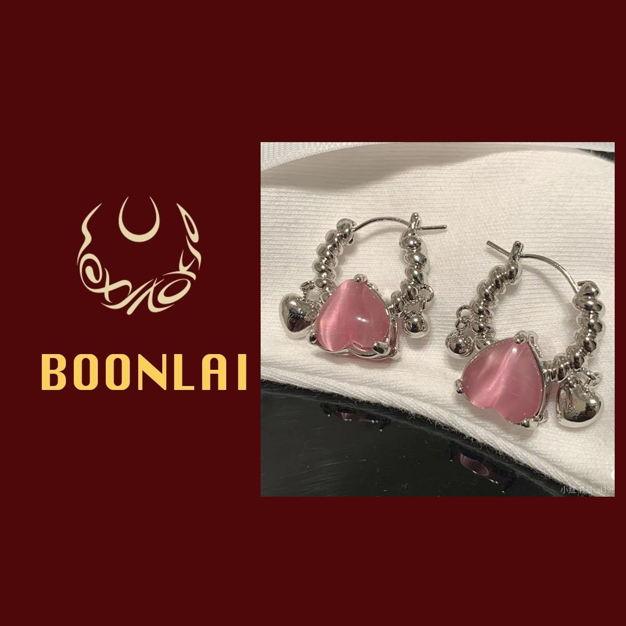 铜合金锆石耳饰 Boonlai  时尚简约粉色爱心耳环1302