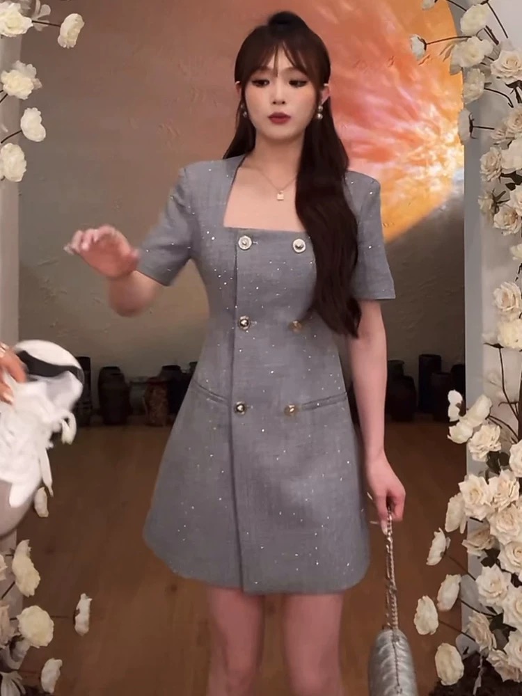 B34夏季大码女微胖MM茶歇法式高端气质收腰显瘦西装连衣裙子