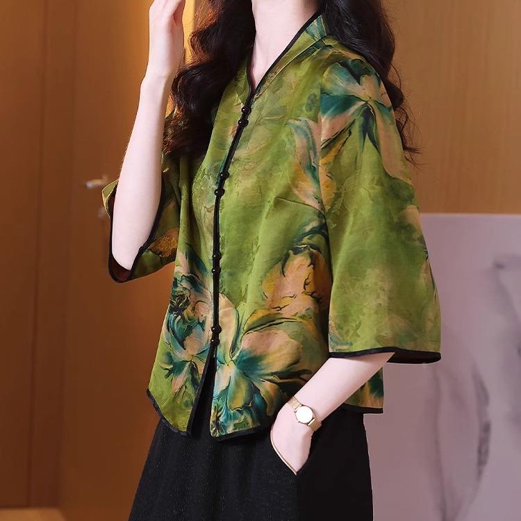 2025夏季新中式印花香云纱真丝上衣女七分袖立领桑蚕丝开衫妈妈装