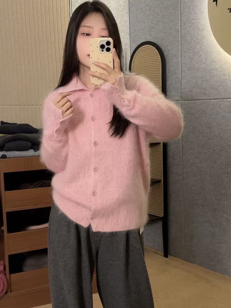 【鑫绒毛衣】韩版粉色毛衣毛针织衫女开衫针织衫翻领Y999-A875