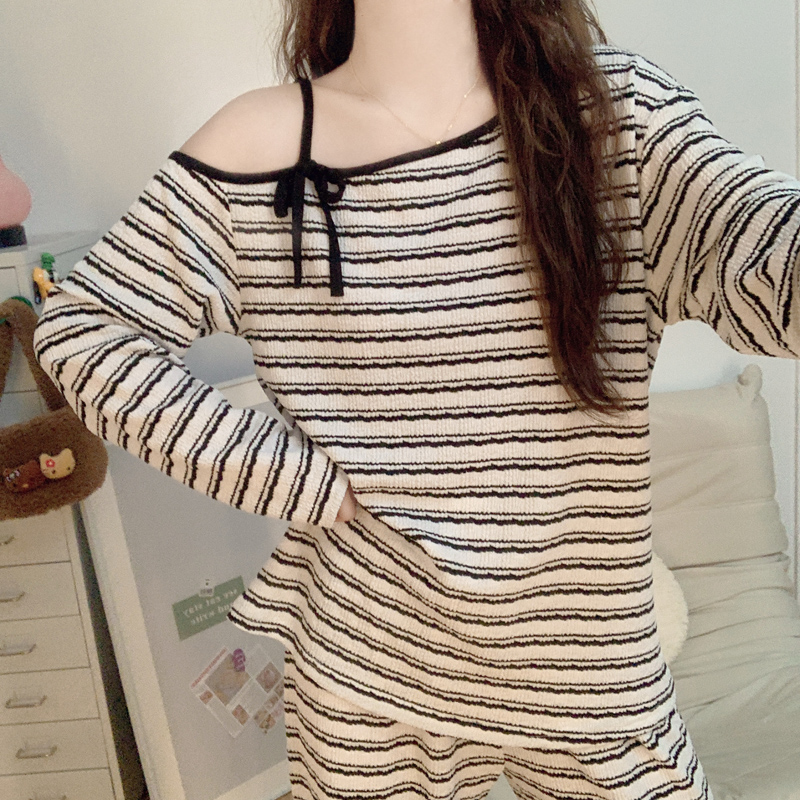 【性感露肩】长袖睡衣女2025新款春秋季亲肤棉韩系条纹风家居服套装