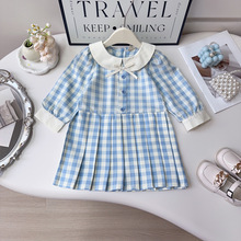 韩版女童法式连衣裙春秋款女孩甜美格子领公主长袖连衣裙77377