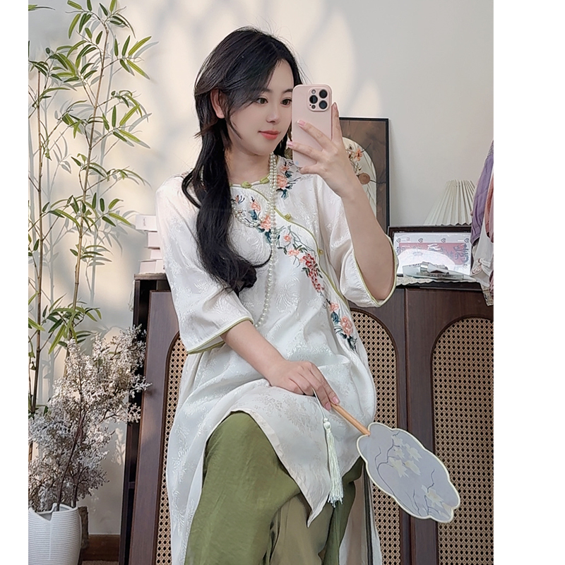 新中式国风高品质宽松大码刺绣上衣气质禅意茶服衬衫裙女