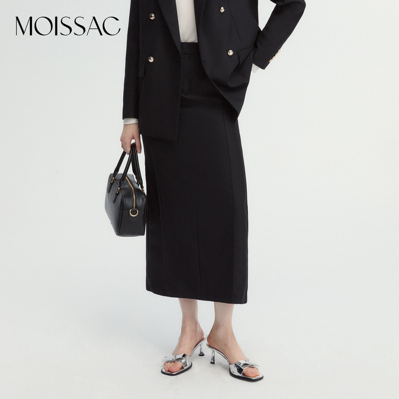 【蒋千金】商场同款 摩萨克秋黑色中长款直筒西装半身裙女