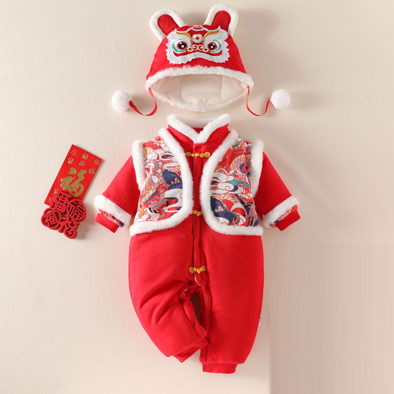 【送帽子】300g夹棉冬季婴儿连体棉袄加厚宝宝拜年服大红喜庆周岁礼