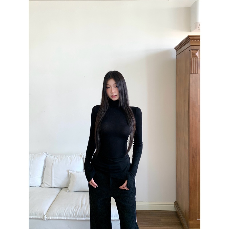 凉皮 秋冬复古珍珠高领不规则开叉紧身显瘦打底上衣J260316