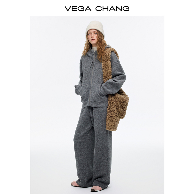 VEGACHANG【灰绒漫步】羊毛混纺连帽卫衣女2025新款冬季套装0889LL