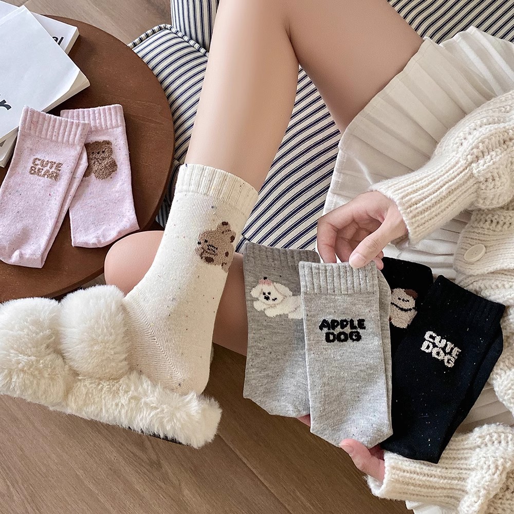 秋冬季袜子女纯棉点子纱百搭中筒袜日系卡通可爱学院风堆堆袜