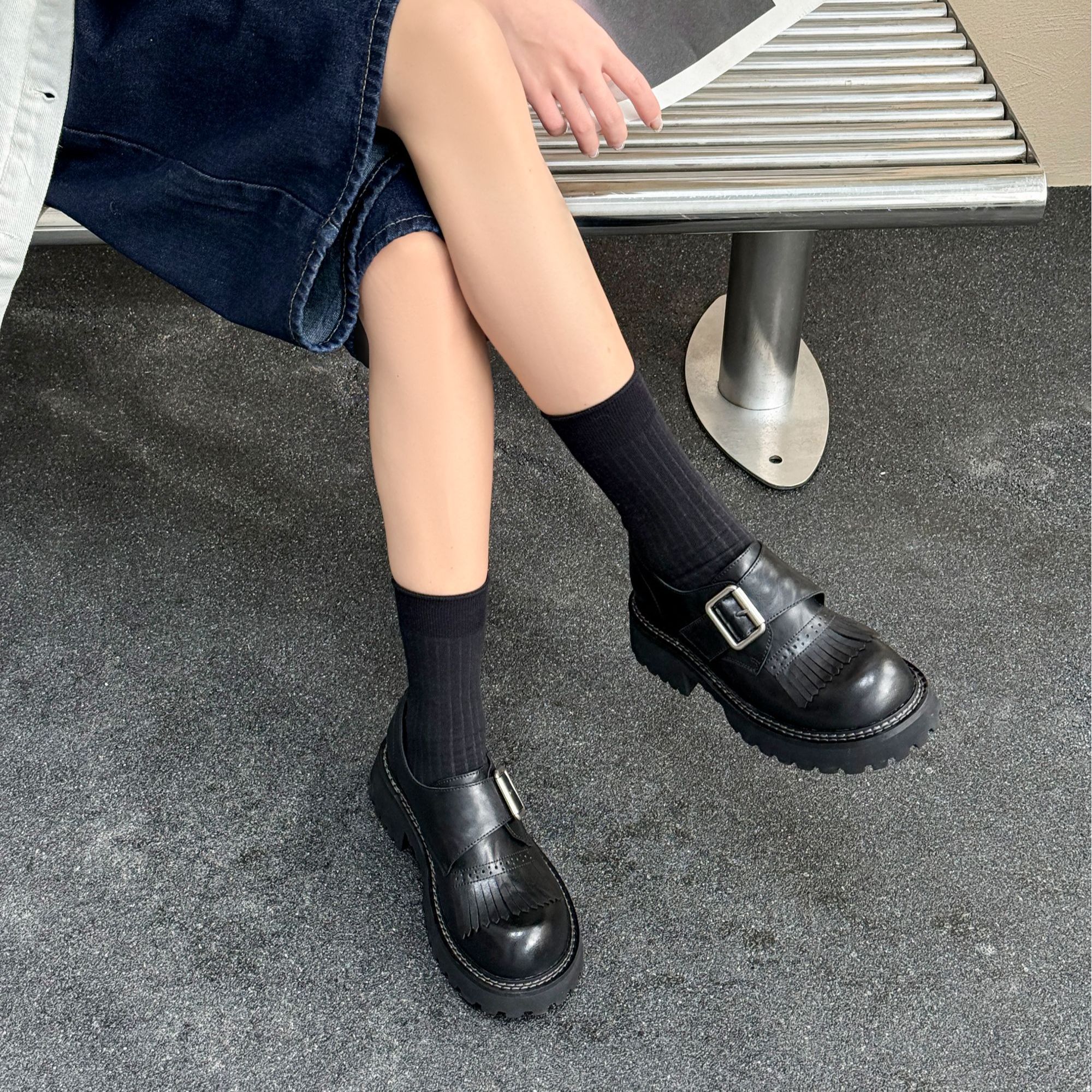 阮老板丨乐福鞋防滑圆头轻便复古一脚蹬黑色英伦风休闲日系