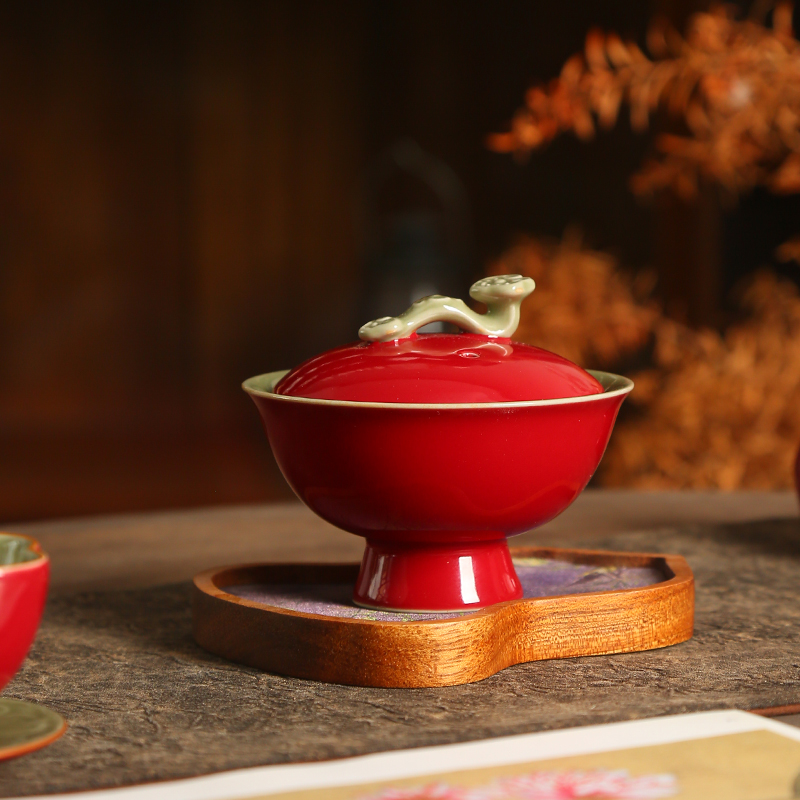 故宫红秘色创意红色如意盖碗女生精致泡茶碗三才盖碗大撇口防烫