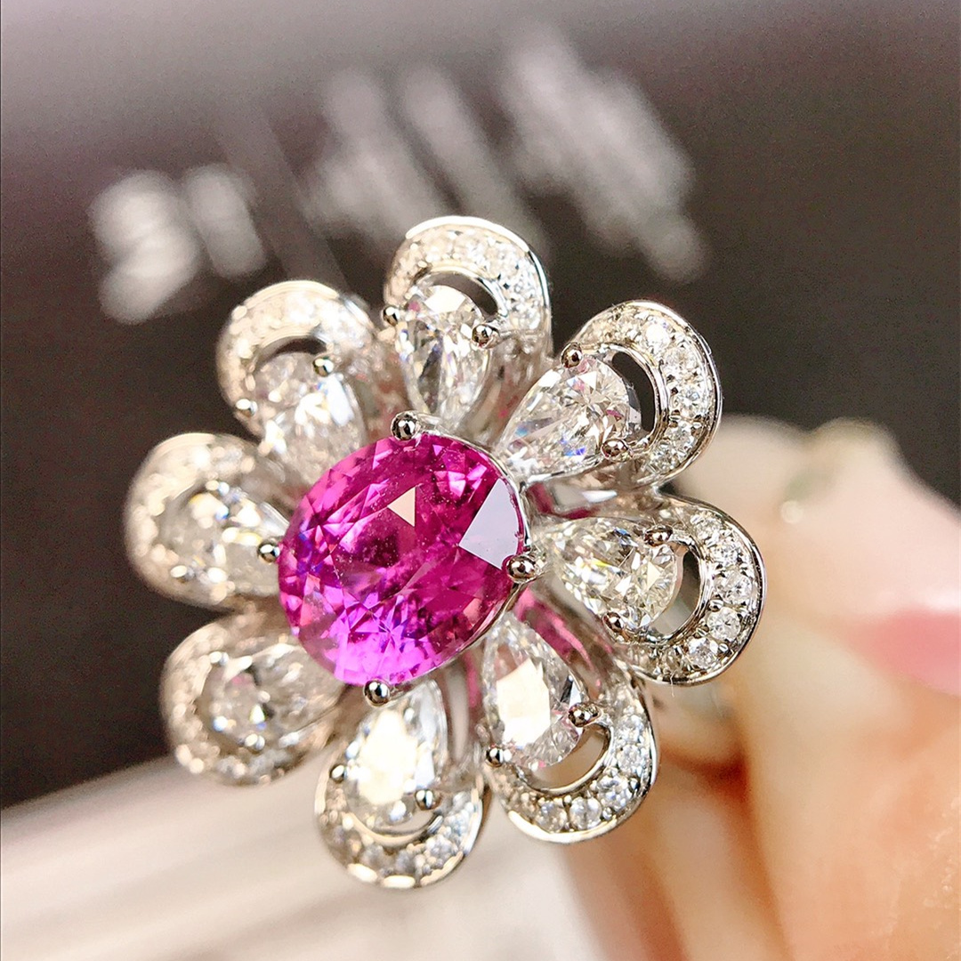 【YiYI】1.57ct无烧粉蓝宝戒指/18K金南非钻石/附GUILD证#YB