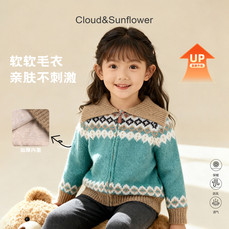 【云朵小葵】女童冬季新款年款费尔岛风翻领休闲洋气毛衣外套555630