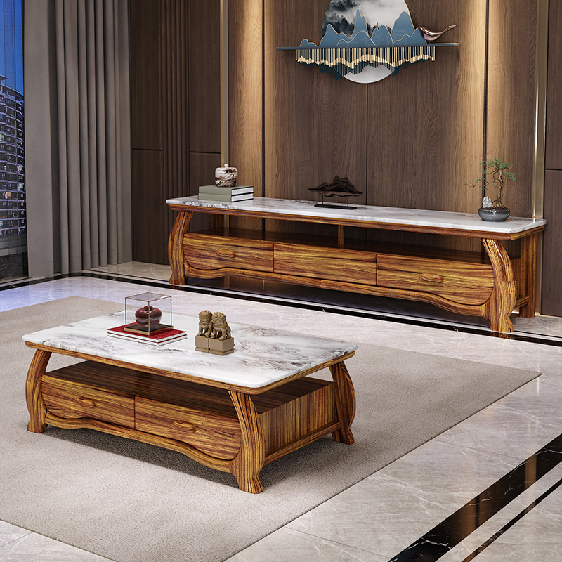 新中式乌金木1.4米茶几2米电视柜客厅家用实木大理石茶桌现代简约