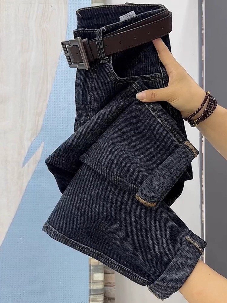 蓝灰高腰弹力哈伦牛仔裤女秋冬宽松显瘦大码加厚绒九分萝卜老爹裤