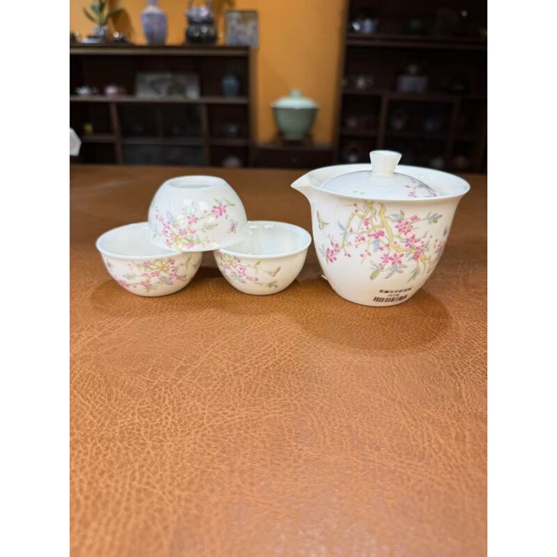 心名茶器 紫藤花旅行快客红粒+白色干泡盘-3061