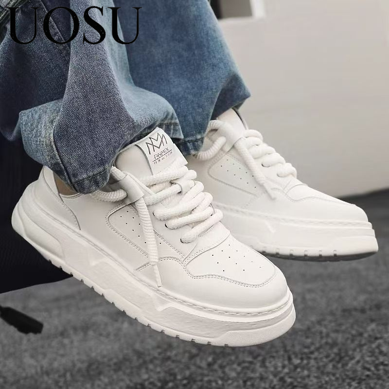 2025春季新款透气休闲男鞋厚底增高时尚百搭运动小白鞋白色板鞋男