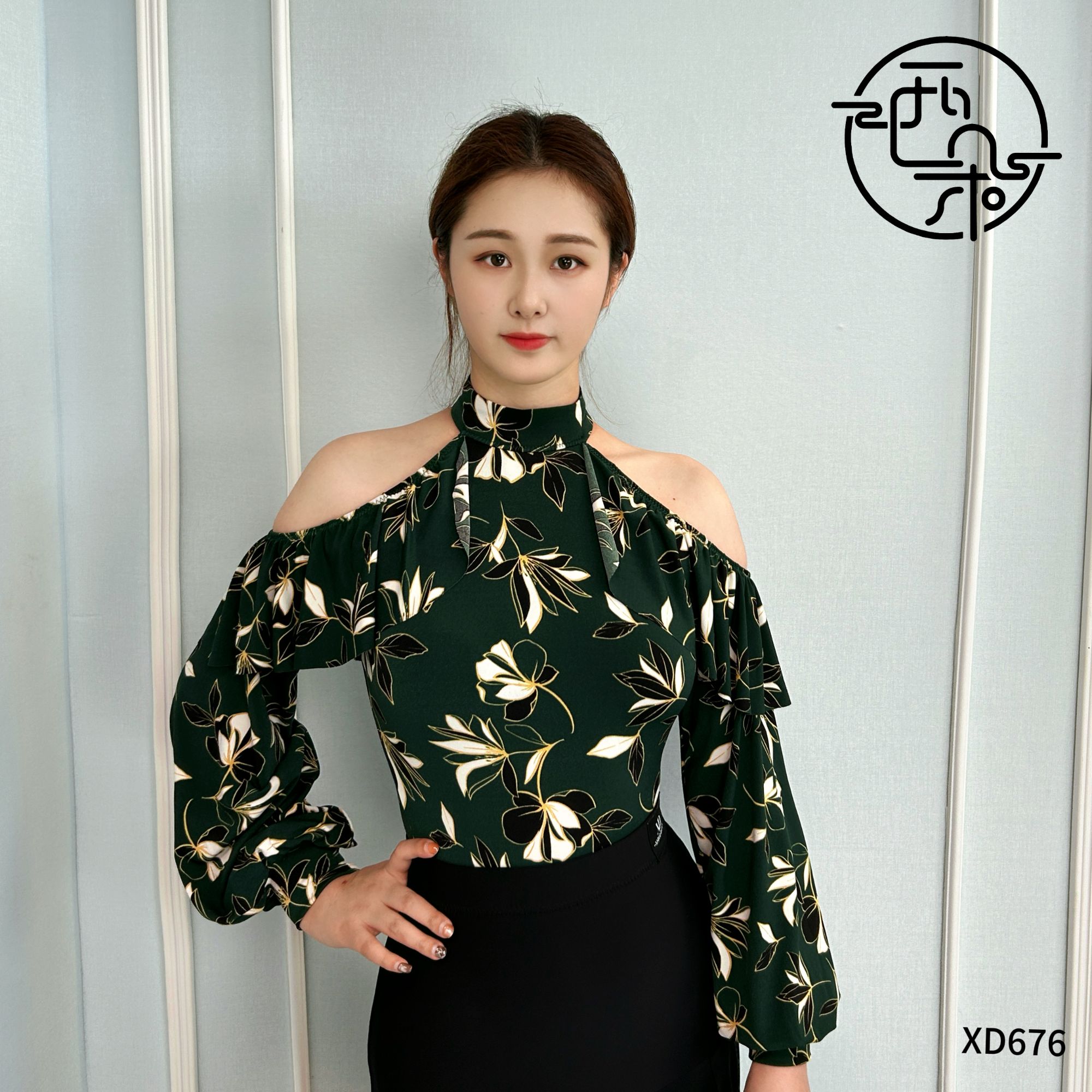 西朵舞服花色墨绿露肩摩登舞练功服上衣XD676