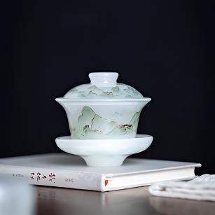G2039-千里江山琉璃盖碗高档复古中式瓷盖碗茶道陶瓷大盖碗
