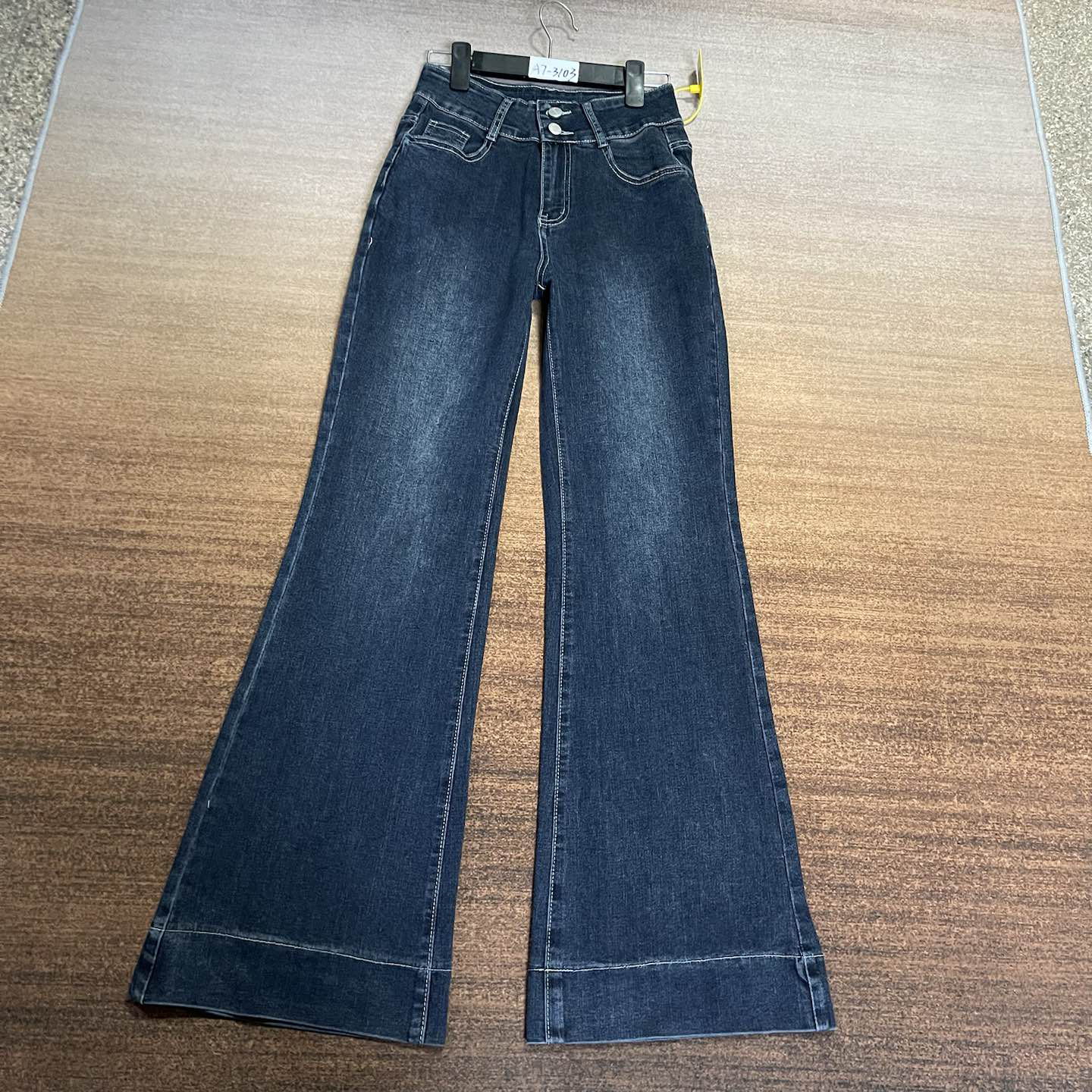 A7-3103 蓝灰色小众2扣高腰不贴腿宽边喇叭裤 高棉高弹（不退换）