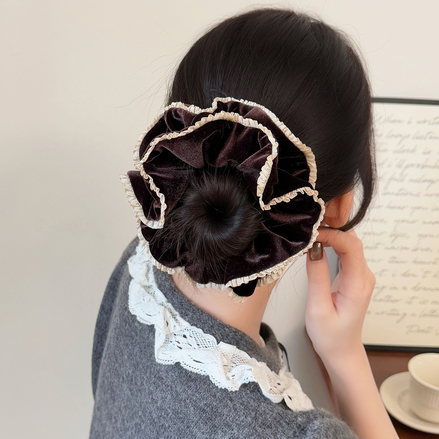 法式复古丝绒双层大肠发圈女秋冬温柔褶皱花边