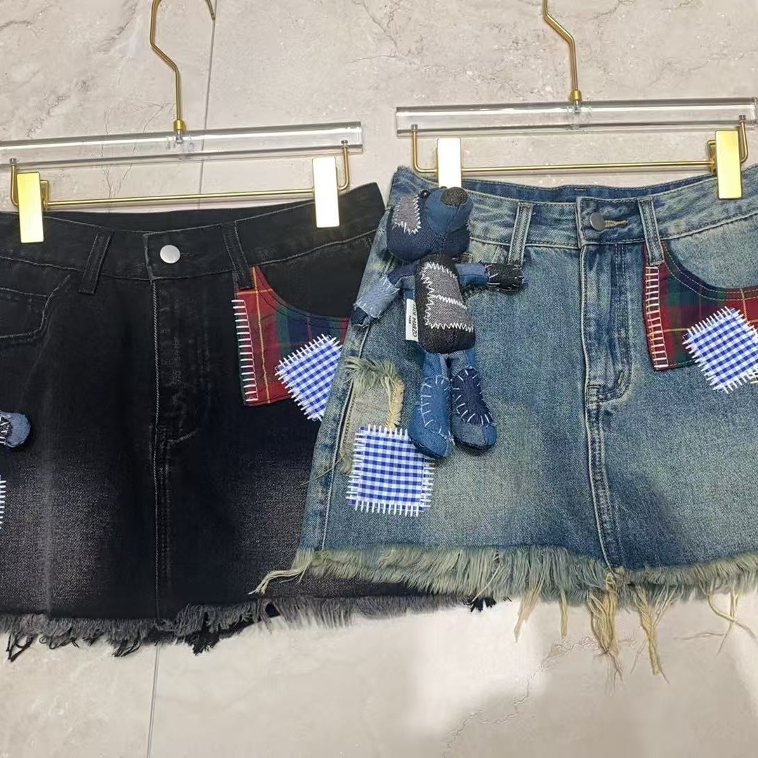 【F-fang】南油设计师品牌复古美式破洞磨毛牛仔裙